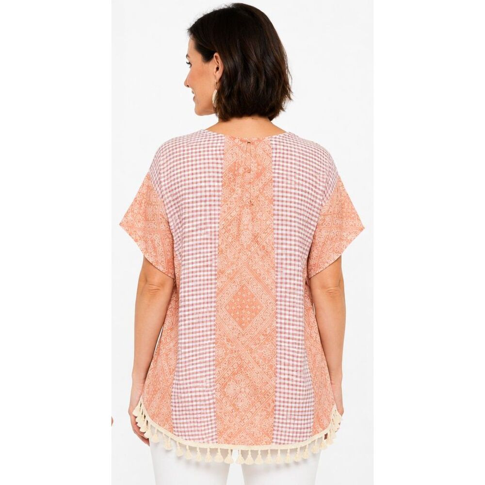 New GIGIO  L 12 14 16  Dusty Apricot Gingham Bandana Oversized Caftan Tunic Top - Picture 3 of 8